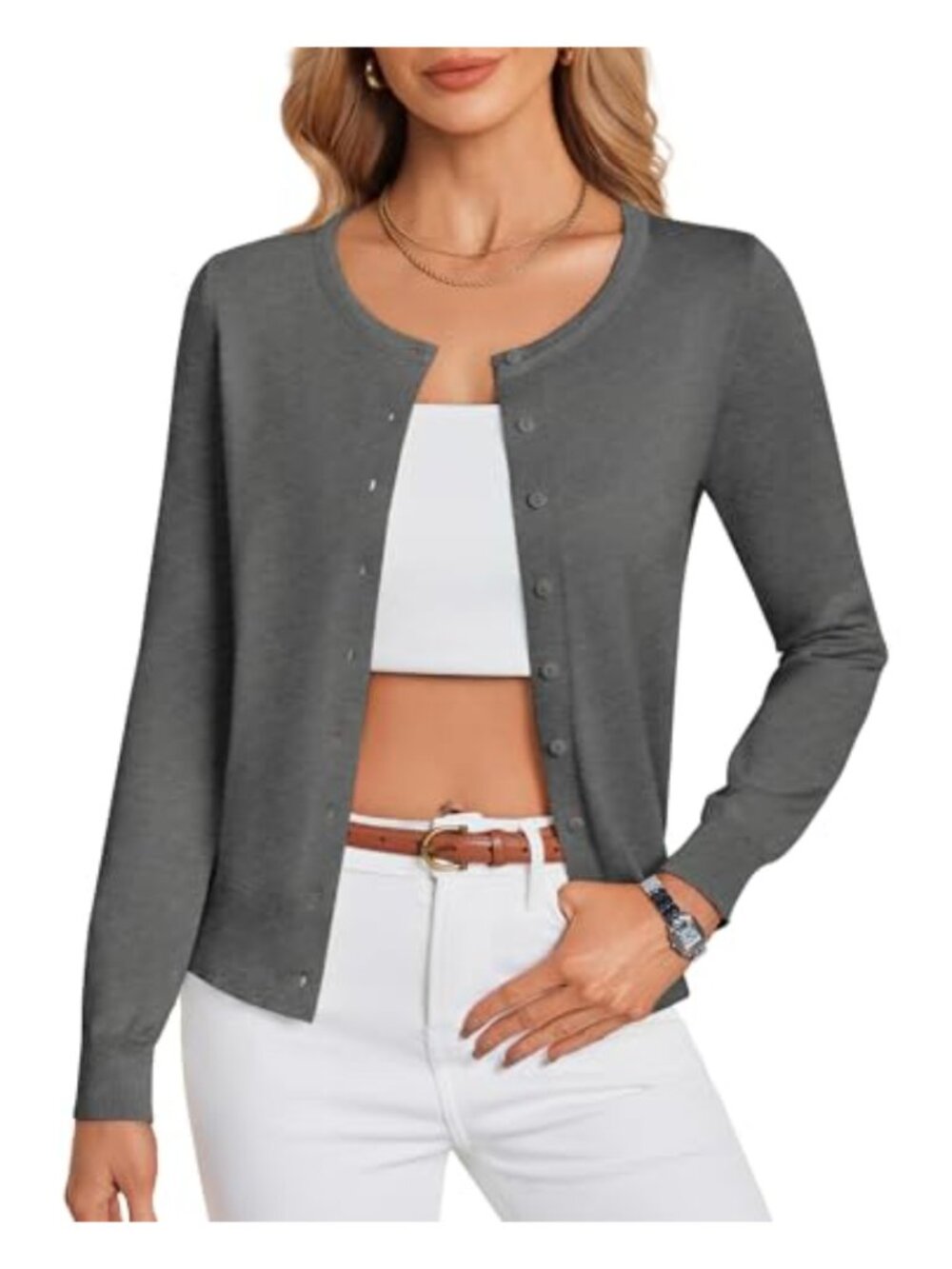 Cardigan Long Sleeve Button Down Lightweight Knit Crew Neck Casual Sweater